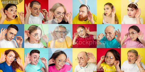 Image of Collage of portraits of young people on multicolored background