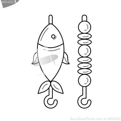 Image of Skewer with shish kebab and fish vector line icon.