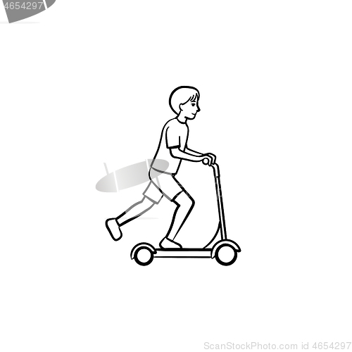 Image of Boy riding a kick scooter hand drawn sketch icon.