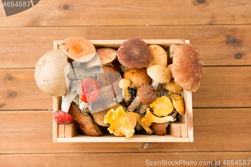 Image of wooden box of different edible mushrooms