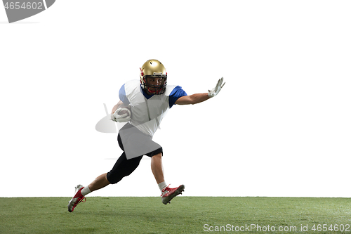 Image of American football player in action isolated on white studio background