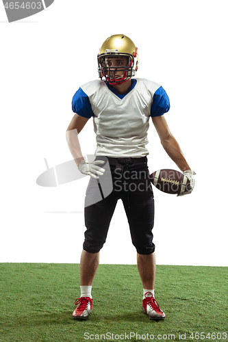 Image of American football player in action isolated on white studio background