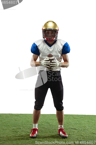 Image of American football player in action isolated on white studio background