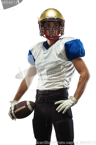 Image of American football player in action isolated on white studio background