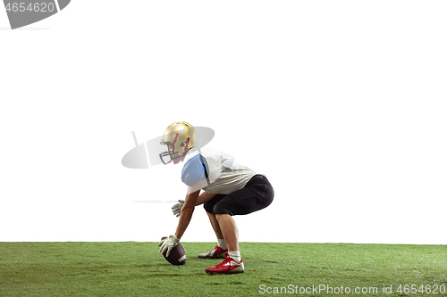 Image of American football player in action isolated on white studio background