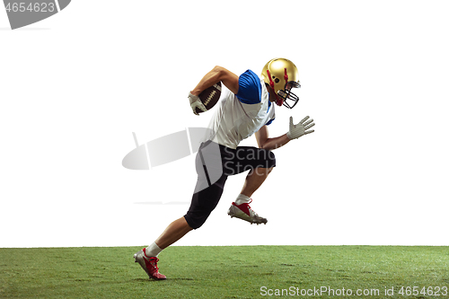 Image of American football player in action isolated on white studio background