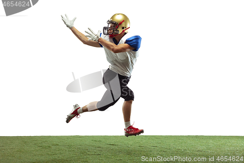 Image of American football player in action isolated on white studio background