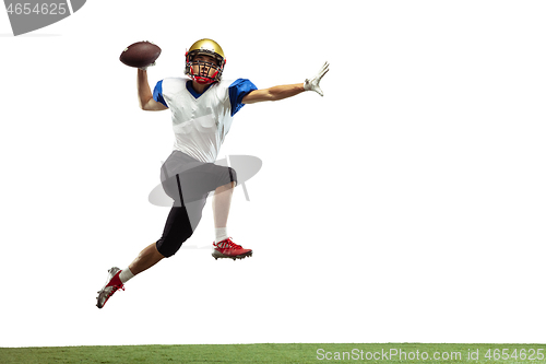 Image of American football player in action isolated on white studio background