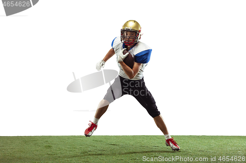 Image of American football player in action isolated on white studio background