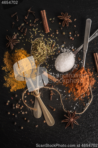 Image of Various spices spoons