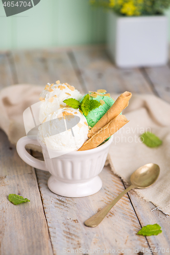 Image of Vanilla and mint ice cream in cup