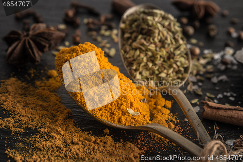 Image of Various spices spoons