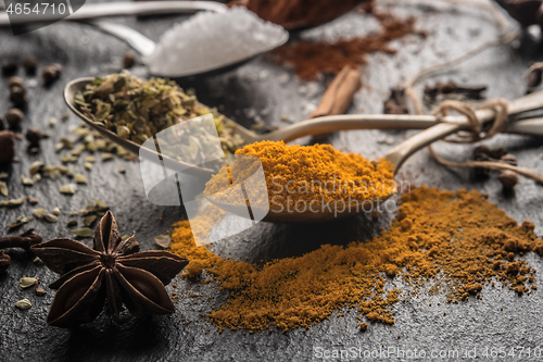 Image of Various spices spoons