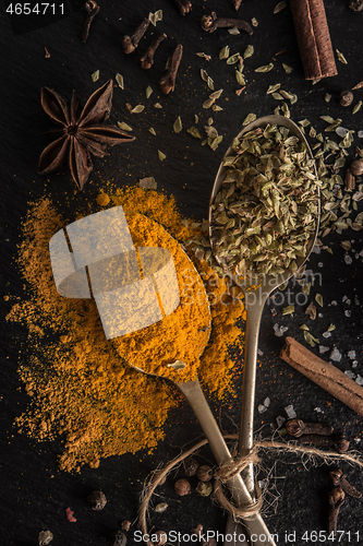 Image of Various spices spoons