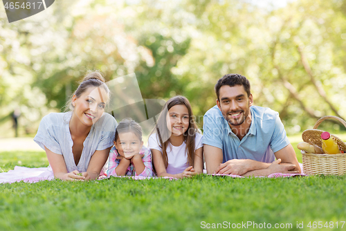 Image of family laying on picnic blanket in summer park