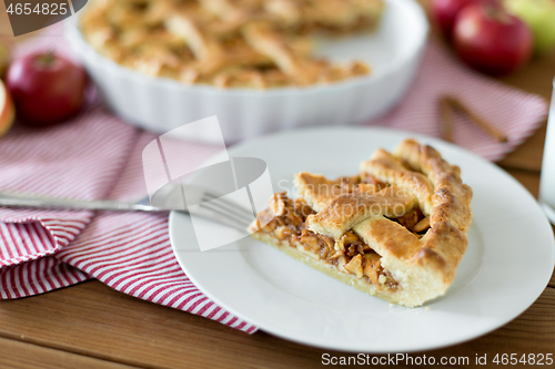 Image of close up of apple pie and fork on plate