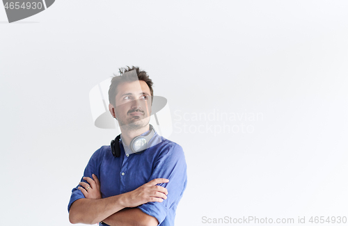 Image of portrait of casual startup businessman wearing a blue shirt