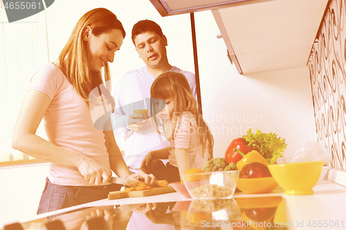 Image of happy young family in kitchen