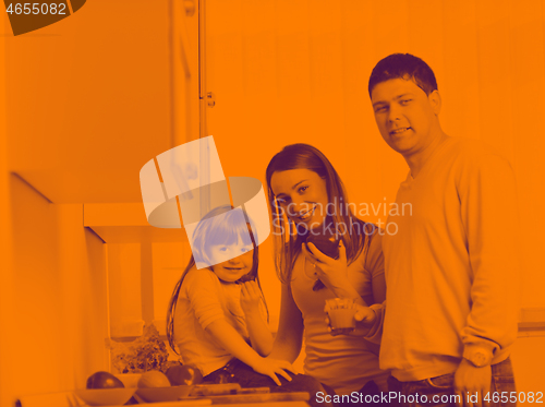 Image of happy young family in kitchen