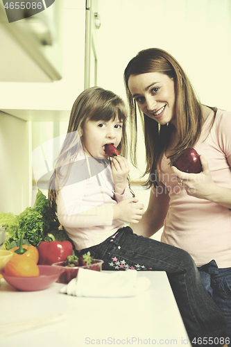 Image of happy daughter and mom in kitchen