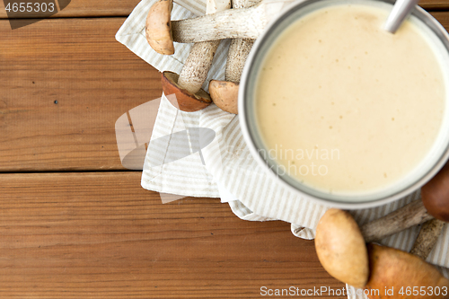 Image of mushroom cream soup in bowl on cutting board