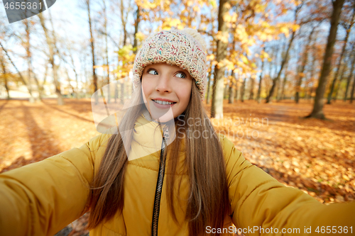 Image of happy girl taking selfie at autumn park