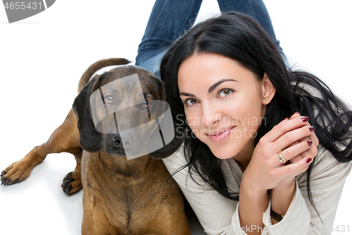 Image of Beautiful girl with dog