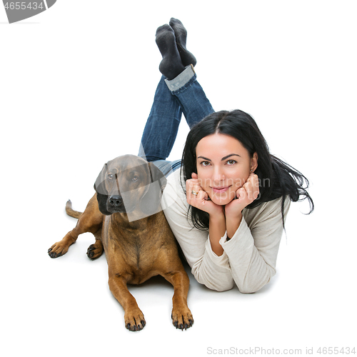 Image of Beautiful girl with dog