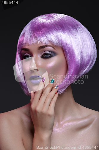 Image of Beautiful girl in purple wig