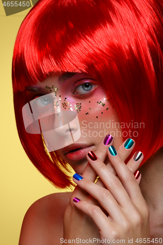 Image of Beautiful girl in red wig