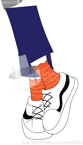 Image of Legs in blue jeanse orange socks and white sneakers  vector illu
