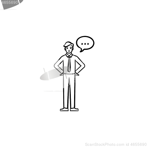 Image of A man with a speach square hand drawn sketch icon.