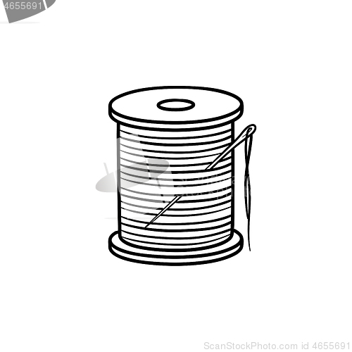 Image of Thread spool with needle hand drawn sketch icon.