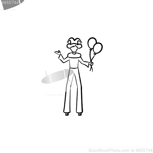 Image of Clown on stilts hand drawn sketch icon.