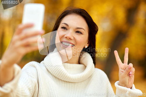 Image of woman taking selfie by smartphone at autumn park