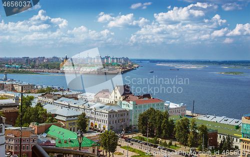 Image of Confluence of Volga and Oka. Summer day. Nizhny Novgorod. Russia