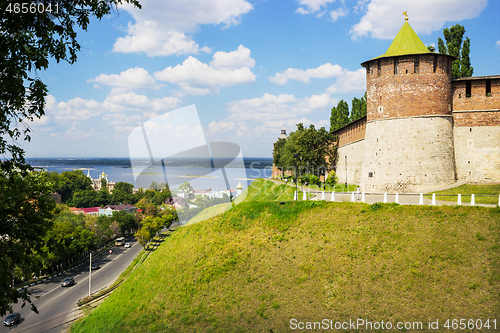 Image of Powerful round tower on green hills. Kremlin in Nizhny Novgorod. Russia