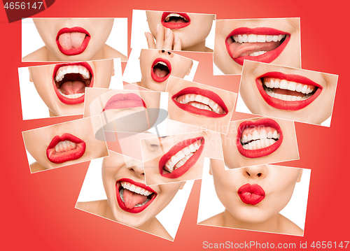 Image of Photo collage of beautiful young woman lips covered with glossy red lipstick.