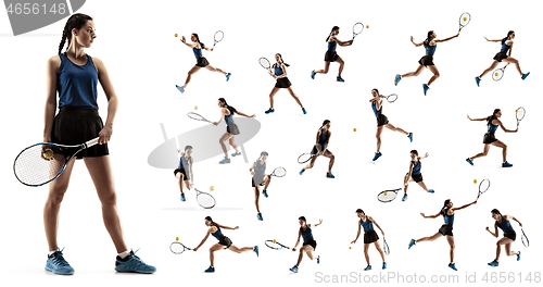 Image of The collage about young woman playing tennis isolated on white background