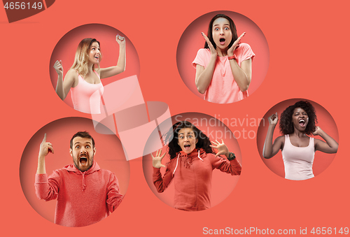 Image of The collage of faces of surprised people on coral backgrounds.