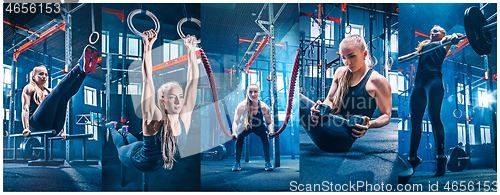 Image of Woman with battle rope battle ropes exercise in the fitness gym.