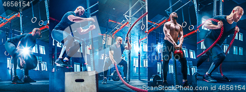 Image of Men with battle rope battle ropes exercise in the fitness gym.