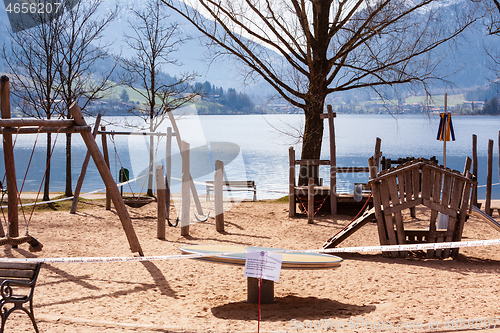 Image of Schliersee, Germany, Bavaria 2020-03-27: Playground closed due to coronavirus 