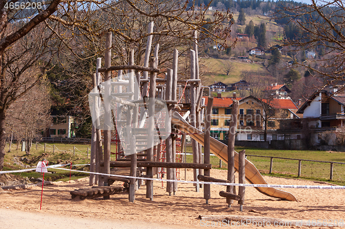 Image of Schliersee, Germany, Bavaria 2020-03-27: Playground closed due to coronavirus 