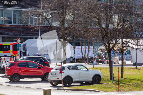 Image of Hausham, Germany, Bavaria 27.03.2020: Hospital forecourt closed for visitors