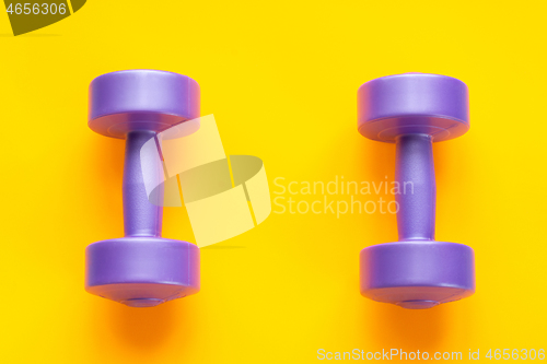 Image of Two purple dumbbells lie separately on a yellow background