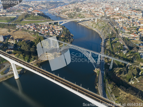 Image of Aerial of bridges and Douro river in Porto