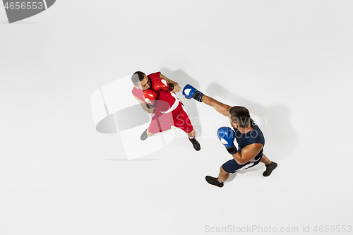 Image of Two professional boxers boxing isolated on white studio background, action, top view