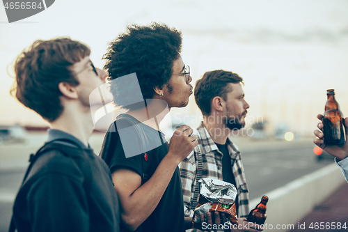 Image of Group of friends celebrating, resting, having fun and party in summer day