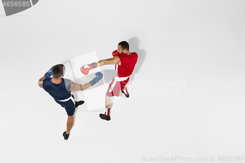 Image of Two professional boxers boxing isolated on white studio background, action, top view